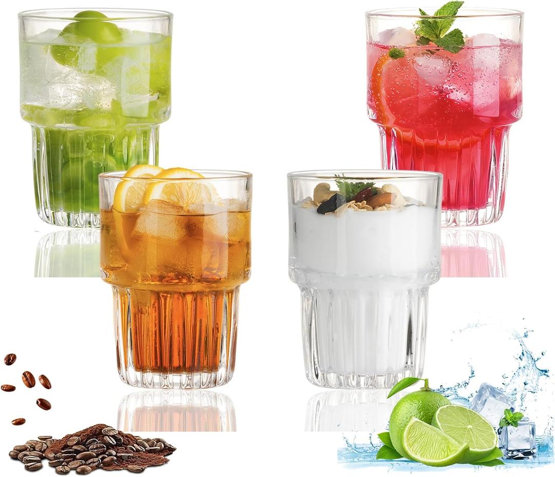 11oz Drinking Glasses Set of 4, Juice Glasses Stackable Tall Glass Mugs for Tea Iced latte Coffee Glass, Beer Glasses, Cocktail Glasses,Water glasses for bar, restaurant