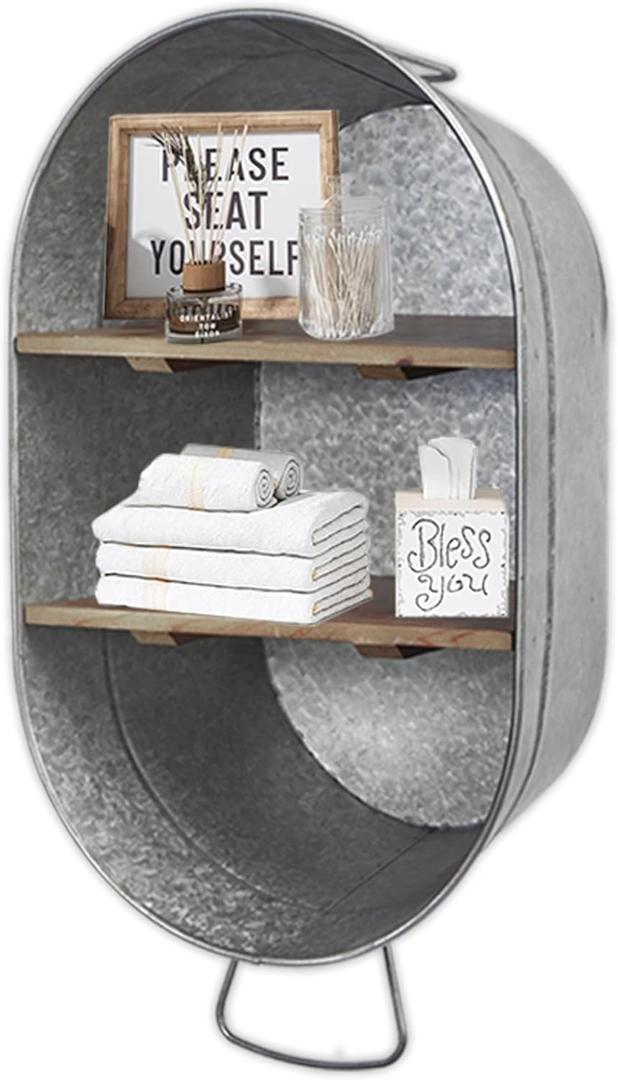 SOFE Galvanized Metal Wash Tub with Shelf, Small Oval Wall Shelf Country Bathroom Decor, 2 Tier Display Shelf Wall Mounted, Farmhouse Laundry, Floating Shelves Bathroom, Living Room (Silver)