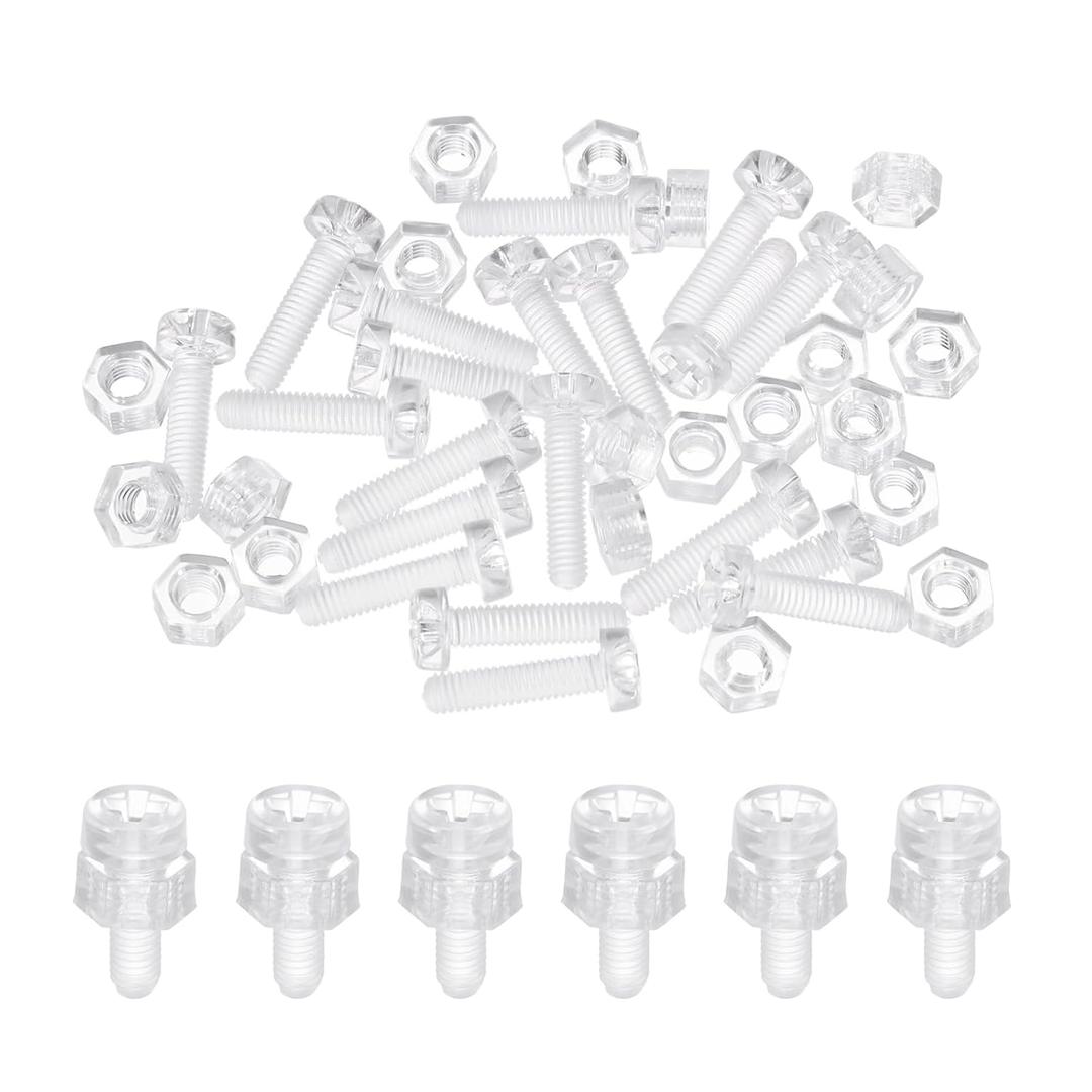 MECCANIXITY 20 Set M3 x 12mm Clear Acrylic Screws and Hex Nuts Kit, PC Plastic Phillips Round Head Screw Metric Coarse Thread Bolts for Machine, Transparent