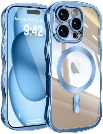 UEEBAI for iPhone 16 Pro Case, Cute Wave Frame Magnetic Phone Case Compatible with Magsafe Full Camera Protection Cover Soft Electroplated Phone Cover for Women Girls - Blue