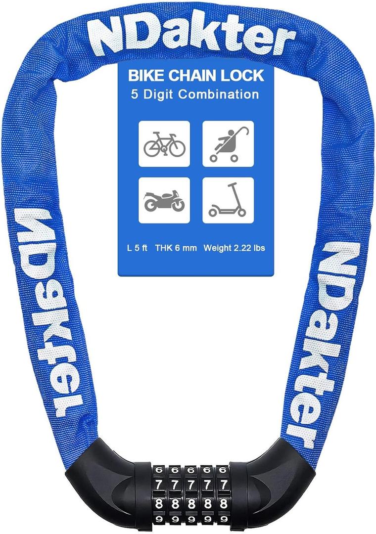 NDakter Bike Chain Lock, 5 Digit Combination Heavy Duty Anti Theft Bicycle Chain Lock,2.62/3.2/4.27/5/6Ft Long Security Resettable Bike Locks for Bike, Bicycle, Scooter, Door, Gate, Fence-4/6mm Thick (Blue)