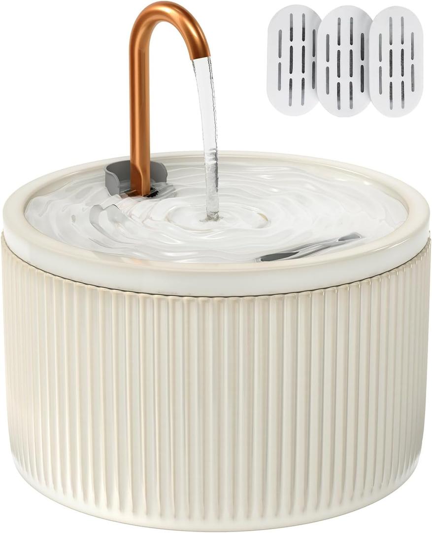 MISFANS Ceramic Cat Water Fountain - 2.1L/71oz - All-Ceramic Body & Pure Copper Water Spout - Non-Toxic - Automatic Pet Drinking Fountain Indoor with Ultra-Quiet Pump, and 3Pcs Filter & Sponge (Beige)
