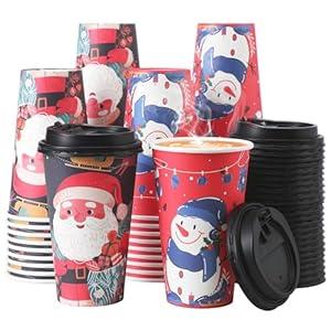 Huifany 16 oz Christmas Disposable Coffee Cups with Lids - 50 Pack, Leak Proof To Go Paper Cups, Holiday Party Cups for Hot Cocoa, Hot Chocolate, Xmas Dinner Home Celebrations