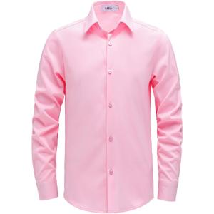 AOTIK Boys Dress Shirts Long Sleeve Button Down Shirts Stretch Formal School Uniform Shirt 2 Fits (Regular/Husky) 3 Pink