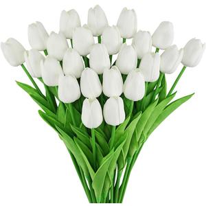24pcs Fake Tulips Artificial Flowers with Stems Latex Real Touch Faux Tulips Arrangement Bouquet for Home Kitchen Wedding Decorations (White)