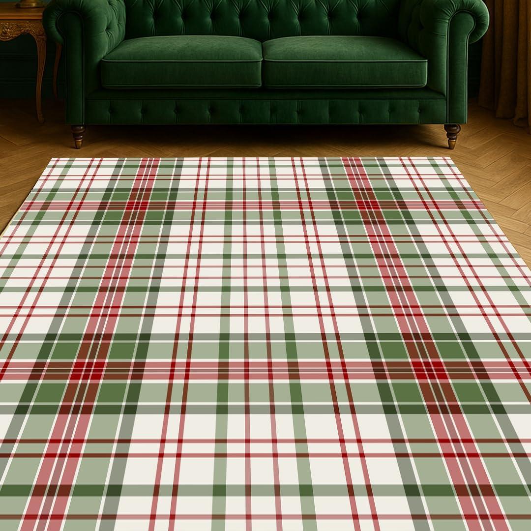 Muddy Mat Plaid 8x10 Washable Area Rugs for Living Room, Bedroom & Dining Room Modern Soft Low Pile Non Slip Carpet Pet Friendly Waterproof Foldable Rugs for Home