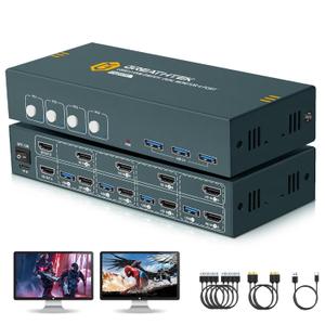 HDMI KVM Switch 4 Computers 2 Monitors,USB3.0 4 Port Dual Monitors Switch for 3 Computers 4 Computers,4k@60HZ,Adaptive EDID,4 in 2 Out KVM Switcher for 4PC/3PC (USB3.0 2 Monitors)