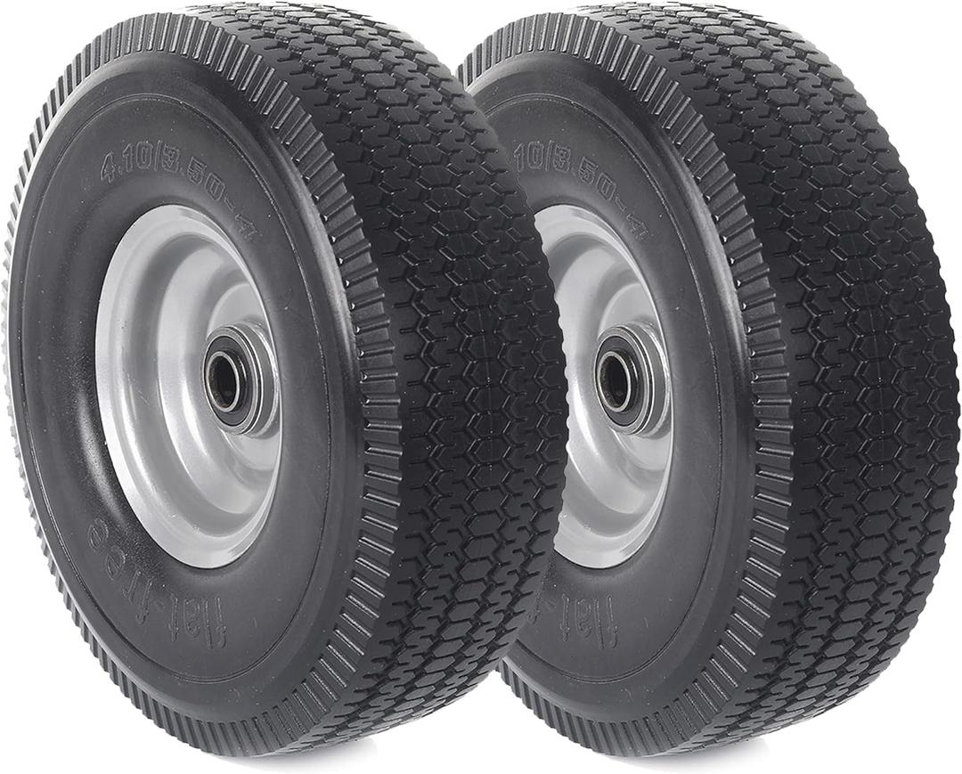 AR-PRO (2-Pack) 10-Inch Solid Wheel Replacement - 4.10/3.50-4 Flat Free Tire and Wheel with 5/8 extra 3/4 &1/2 Bearings and 2.25" Offset Hub - Compatible with Hand Truck, Generator, Gorilla Carts