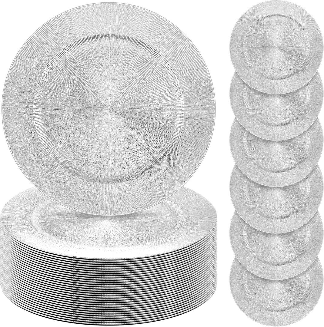Tanlade 50 Pcs Charger Plates Bulk, 13 Inch Round Charger Plates Plastic Wedding Dinner Elegant Reusable for Table Setting Wedding Party Event Tabletop Setting Decor (Silver)
