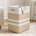 Nunsino 87L Laundry Hamper, Laundry Basket with Leather Handles, Woven Storage Basket for Toys, Pillows, Blankets, Clothes, Brown & White