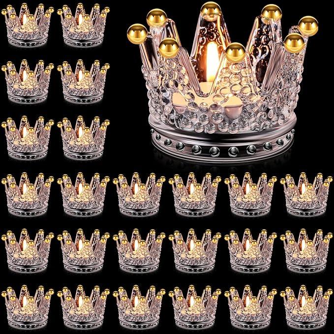 24 Pcs Birthday Clear Crown Votive Candle Holders Glass Crown Tealight Candle Holders Bulk Candlestick Votives for Tables Centerpieces Wedding Party Decoration(Gold Bead Style)