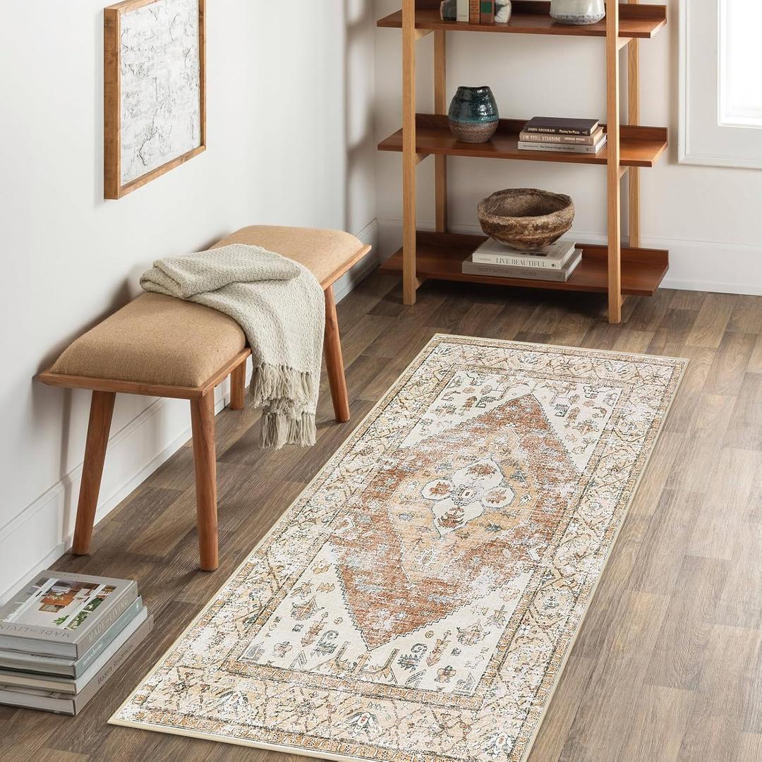 Beeiva Boho 2X4 Washable Laundry Room Rug, 2x4 Runner Rug with Rubber Backed, Vintage Runners for Hallways Non Slip Carpet Khaki Lightweight Door Mat Indoor Entrance