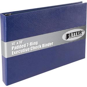 Better Office Products 7 Ring Executive Check Binder with Zipper Pouch, Padded Blue Textured Cover, for 9" x 13" 3 Per Page Business Checks, 600 Check Capacity Checkbook Holder