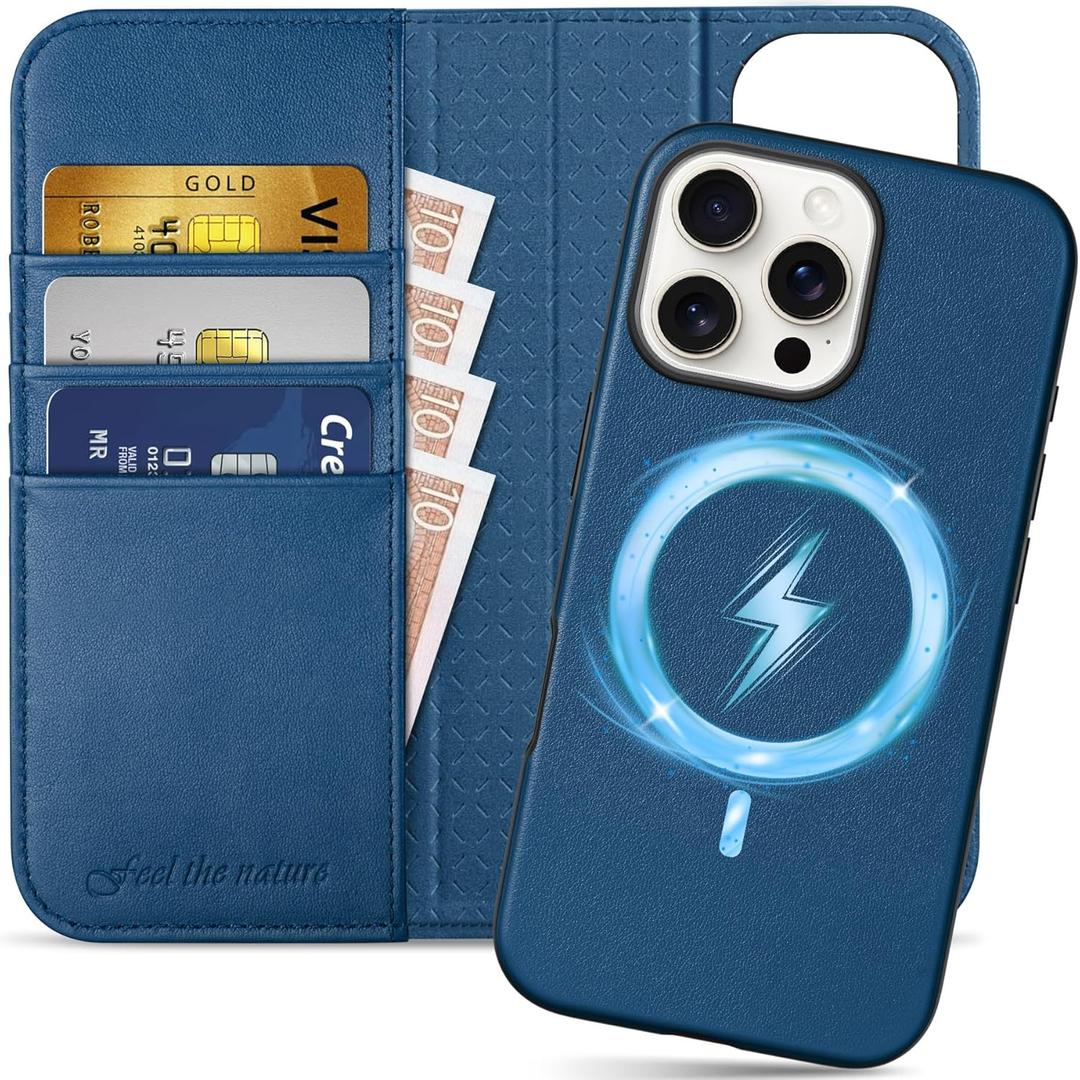 SHIELDON Case for iPhone 16 Pro Max 6.9", Genuine Leather Detachable Folio Wallet Magnetic Wireless Charging Card Holder Kickstand Shockproof Cover Compatible with iPhone 16 Pro Max - Nappa Royal Blue