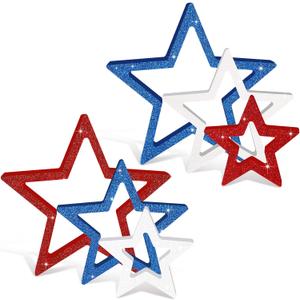 Blulu 6 Pieces Labor Day Decorations Wooden Star Signs Patriotic Decoration Christmas Table Decor for Home Tiered Tray Shelf Party Decor (White,Blue and Red with Glitter)