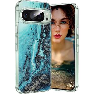 Marble Case for Google Pixel 9 Pro XL 5G, Soft Silicone Clear TPU Case for Women, Pixel 9 Pro XL Cute White Blue Marble Pattern Anti-Scratch Shockproof Protective Cover for Google 9 Pro XL (Sea)
