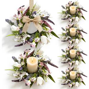 6 Pcs Mini Spring Tulips Candle Rings Wreaths Artificial Purple Lavender Small Pillar Holder Wreath Summer Floral Candle Holder Wreath for Farmhouse Porch Front Door Cabinets Table Decoration (Flowers)