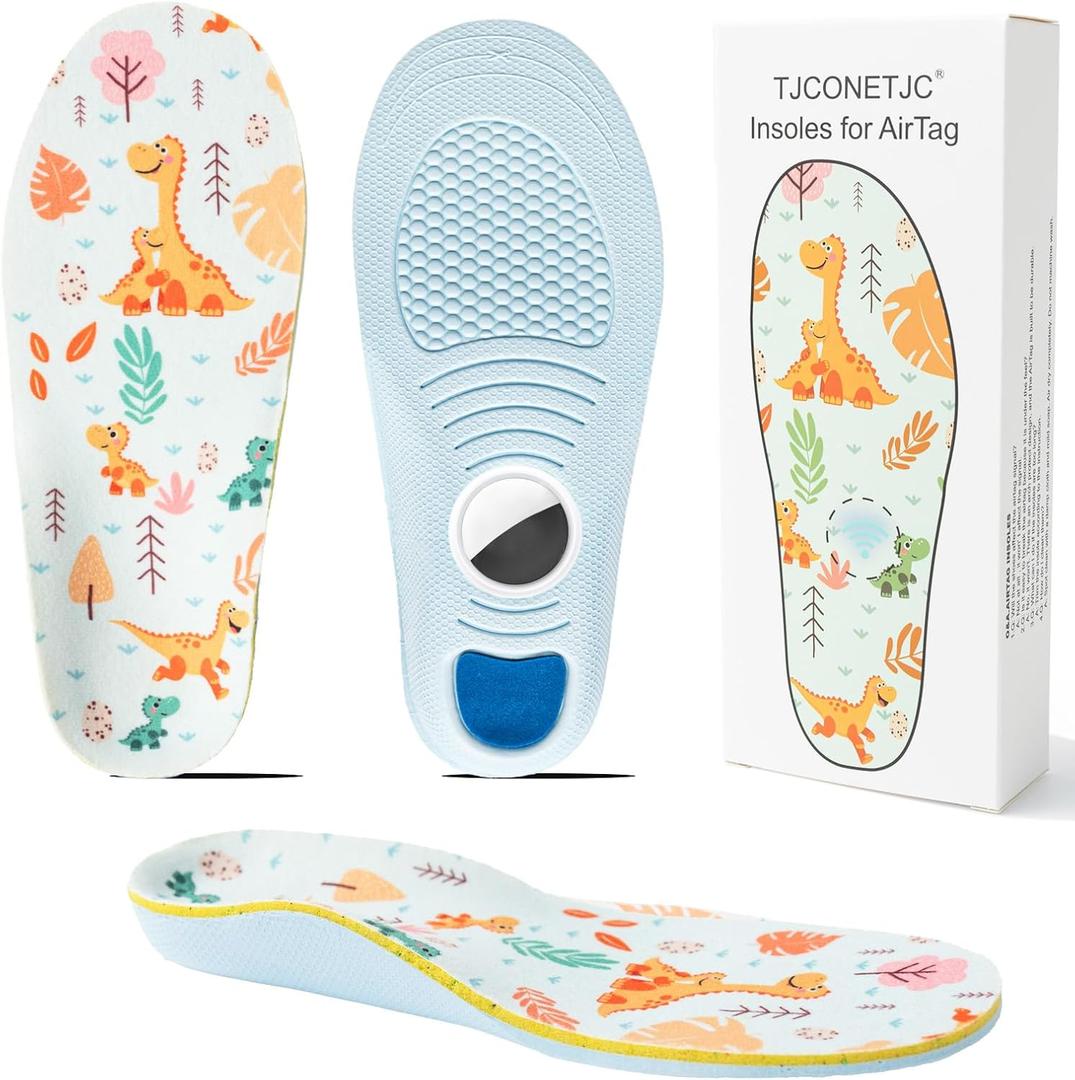 Kids Insoles Compatible with AirTag Arch Support Shoe Inserts for Children Soft Cushion Insoles with Hidden Tracking Holder, Anti-Lost Tracker Case (Yellow, 7.6-8.3IN(195-210mm) / Kid 12-Big Kid 1.5) (Blue)