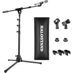 Microphone Stand Floor Foldable Mic Stand Heavy Duty Tripod Boom Arm with 2 Screws Adapter 2 Mic Clips 2 Foam Covers and Carrying Bag for Singing Karaoke Stage HLS02