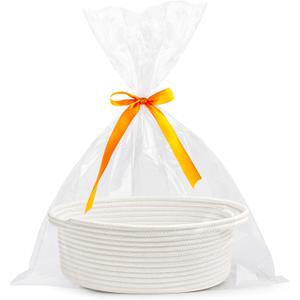 Pro Goleem Small Woven Burr Basket with Gift Bags and Ribbons Durable Baskets for Valentines Day Gifts Empty Small Rope Basket for Storage 12"X 8" X 5" Baby Toy Baskets with Handles, White