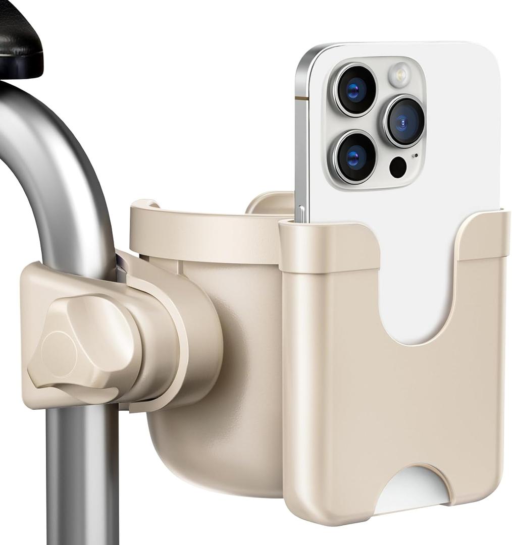Guiseapue Cup Holder for Walker, Wheelchair Cup Holder with Phone Holder, Rollator Accessories for Seniors & Adults, Bottle Drink Holder for Walker, Wheelchair, Bike, Mobility Scooter, Stroller (Beige)