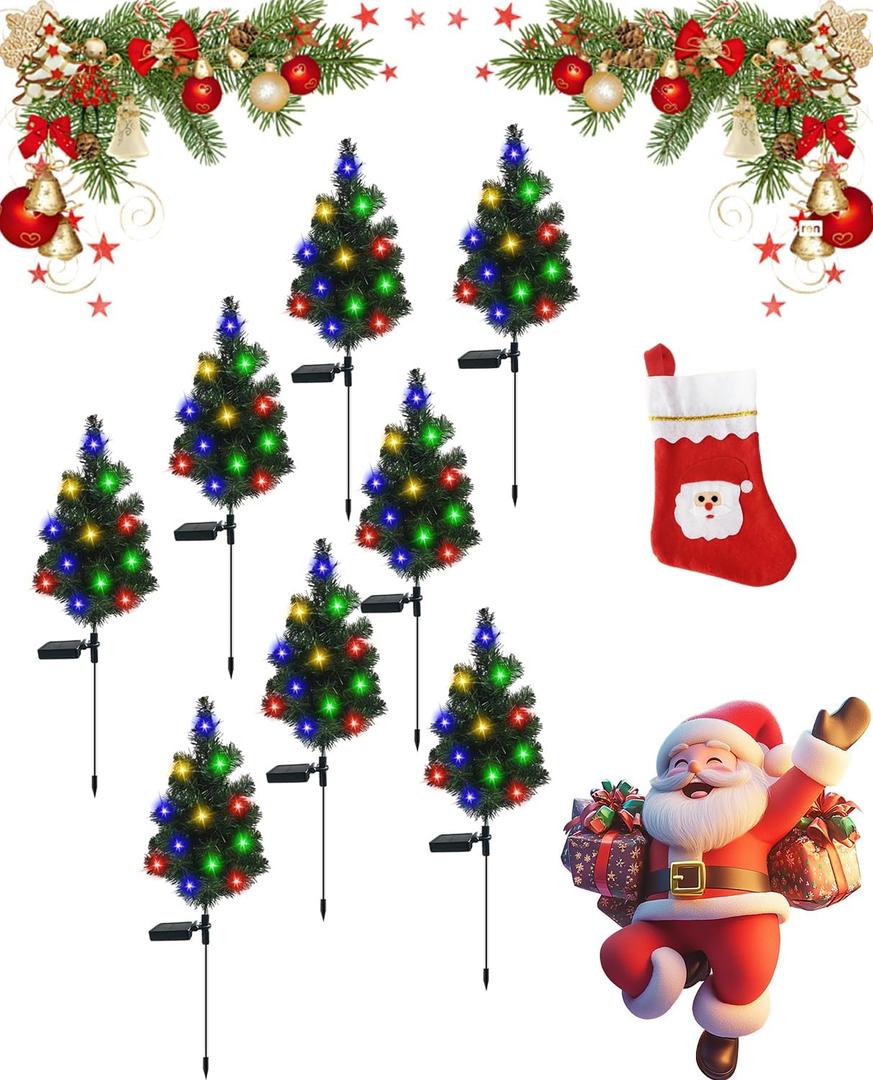 Solar Christmas Trees for Outside, Waterproof 32in Solar Outdoor Christmas Tree Stake Outside, Ip65 Effortless Setup, Lights up Automatically at Night, for Outside Garden Patio Lawn (8Pcs)