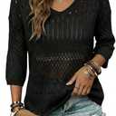 EVALESS Womens Trendy 2026 Lightweight Sweaters Crochet Hollow Out Knit Tops 3/4 Sleeve Beach Vacation Clothes for Women, Black, 2XL