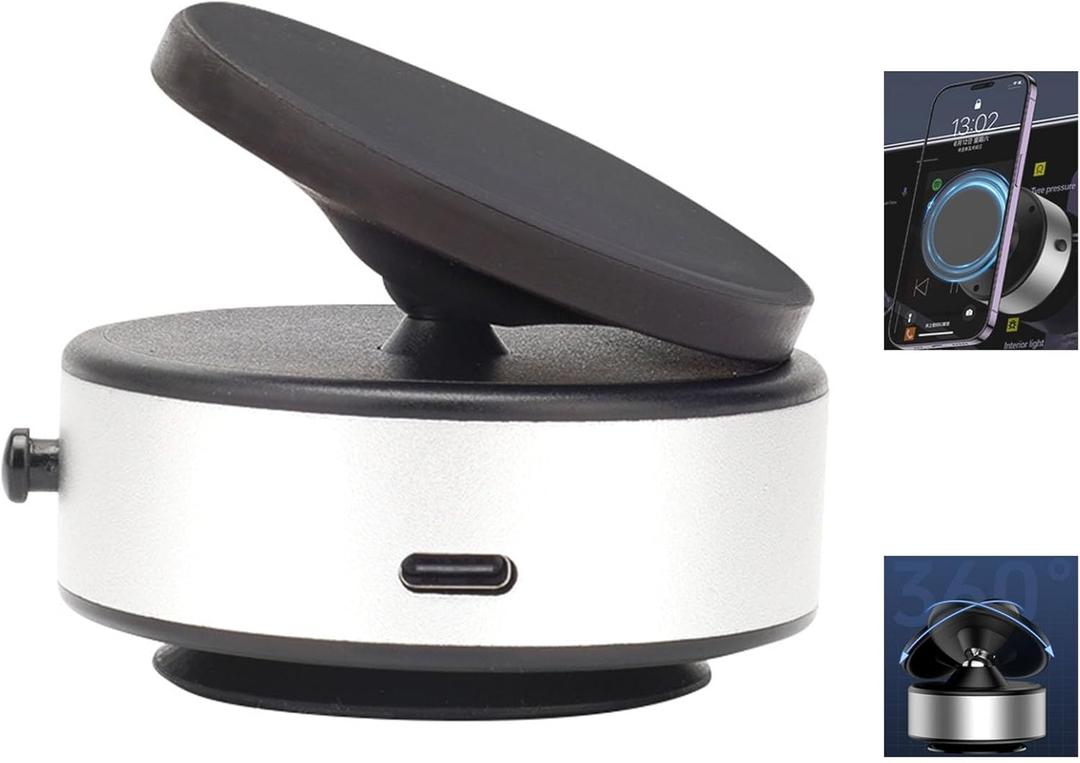 Electric Vacuum Suction Cup Phone Mount,360Adjustable Double Sided Magnetic Suction Phone Mount,Phone Holder for Car/Screen/Mirror/Tile/Glass/Gym/Smooth Surface, Compatible with All Phones -Sliver