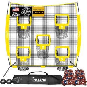 [5-in-1] Football Throwing Target Net, 8x8 FT, Portable Football Training Equipment Accessories, Upgraded Weather Resistance Quarterback Practice Toss Thrower Trainer Gear Launcher (Yellow)
