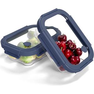 2-Pack Glass Food Storage Containers with Tempered Lids (21.3oz/2.7cup) - Airtight Snap Lock, Microwave & Oven Safe (-4~ 950F), Freezer to Baking Dish, BPA-Free, Gift Box (Blue)