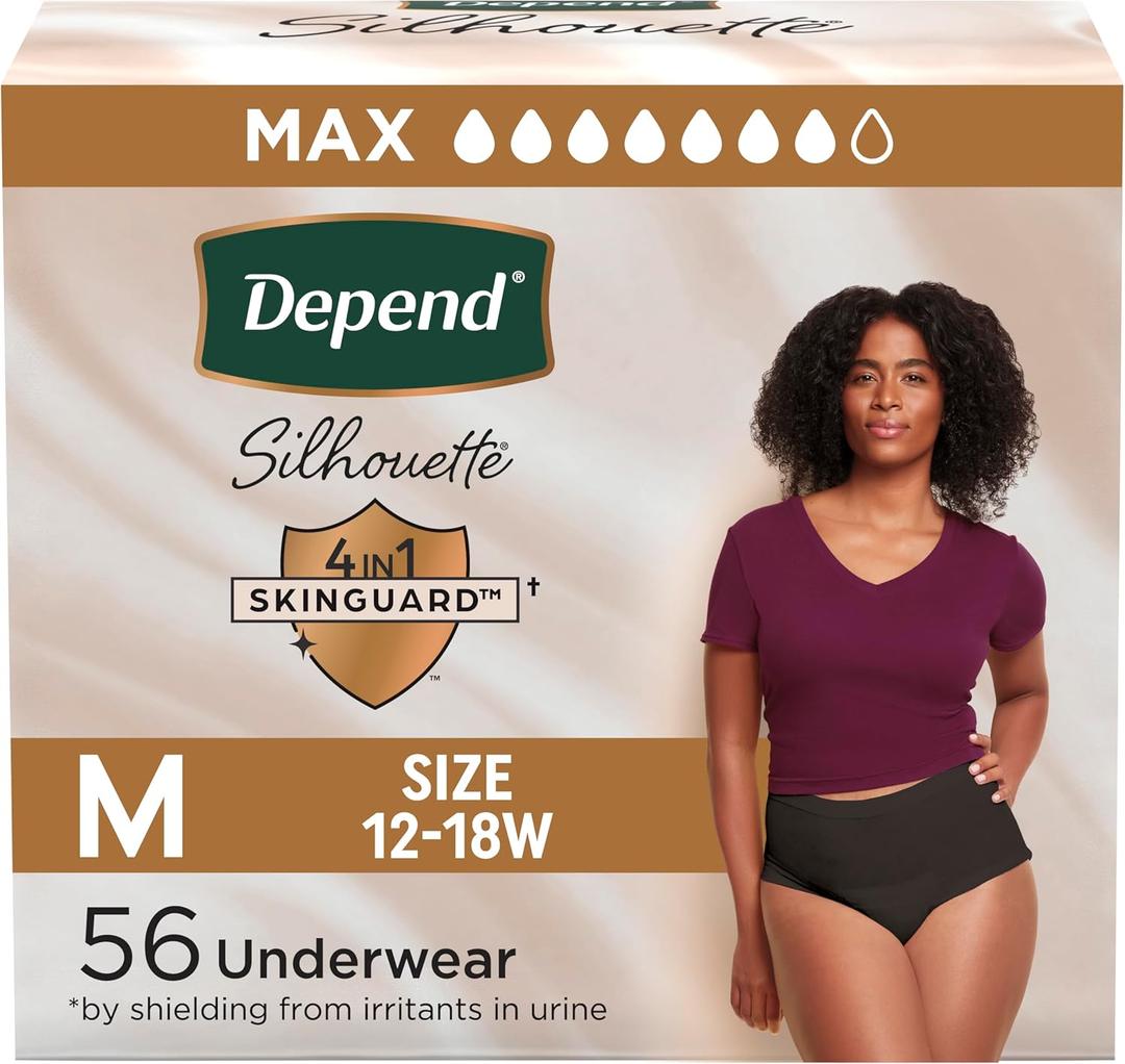 Depend Silhouette Adult Incontinence & Postpartum Bladder Leak Underwear for Women, Maximum Absorbency, Medium, Black, 56 Count (2 Packs of 28), Packaging May Vary