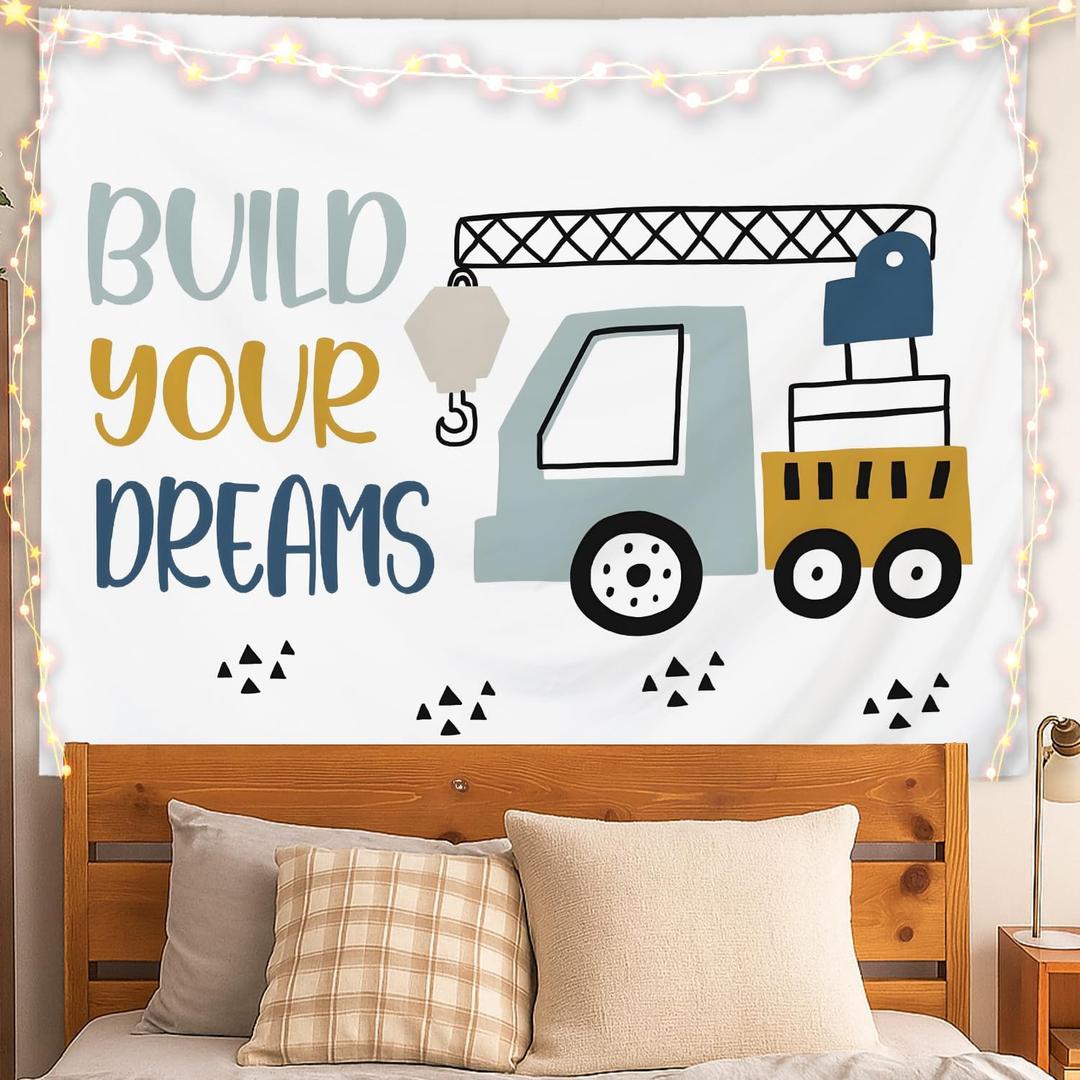 ignytiger Kids Nursery Car Wall Tapestry, Build Your Dreams Toddler Tapestry Wall Hanging for Kids Boys Bedroom Playroom, Nursery Decor for Boys Bedroom, 50x60 Inch