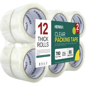 HERKKA Clear Packing Tape, 12 Rolls Heavy Duty Packaging Tape for Shipping Packaging Moving Sealing, Thicker Clear Packing Tape, 2 inches Wide, 65 Yards Per Roll, 780 Total Yards (12 PACK 2 INCH WIDE)