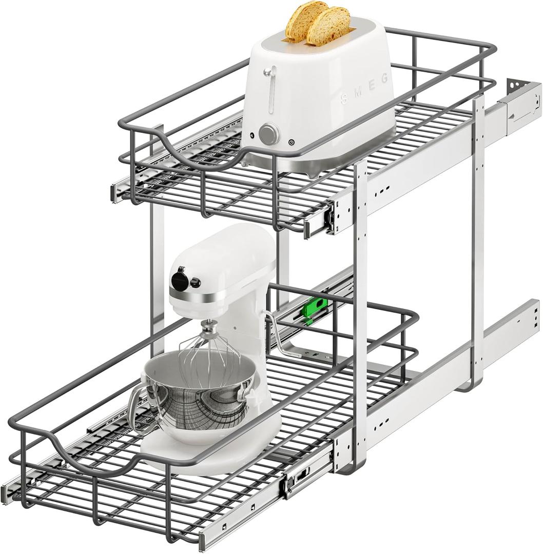 ALINE FURNITURE 2-Tier Pull Out Cabinet Organizer - 11" W x 22" D Soft Close Sliding Shelves with Shelf Liners - Pullout Drawers for Kitchen Cabinets, Pantry, Bathroom, Heavy Duty Steel Wire Baskets