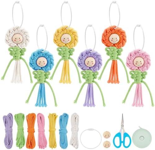 BEUNITONE DIY Macrame Flower Keyring Kit for Adults Beginners 6 Set Colorful DIY Flower Macrame Plant Hangers Macrame Wall Decor Macrame Supplies with Video Instructions for Purse Wallet Decor