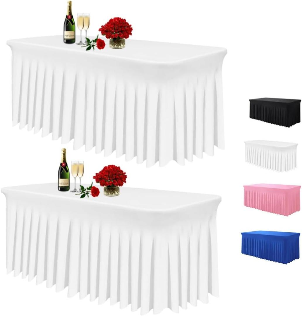 Albassa Table Skirts for Rectangle Tables 6ft, Spandex Table Covers for 6 Foot Tables, Wrinkle Resistant Ruffles Elastic Table Cloths for Banquets, Weddings, Parties (White, 6ft, Pack of 2)