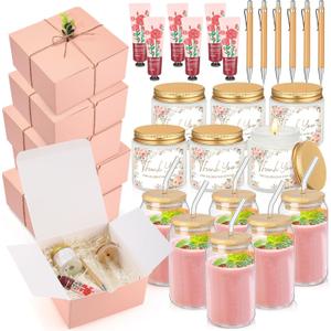 Reallnaive 6 Sets Baby Shower Prizes for Game Winners, Baby Shower Favors Including Glass Cup Scented Candles Hand Cream Pens Gift Box with Raffia for Gender Reveal Wedding Bridal Party Prizes(Pink)