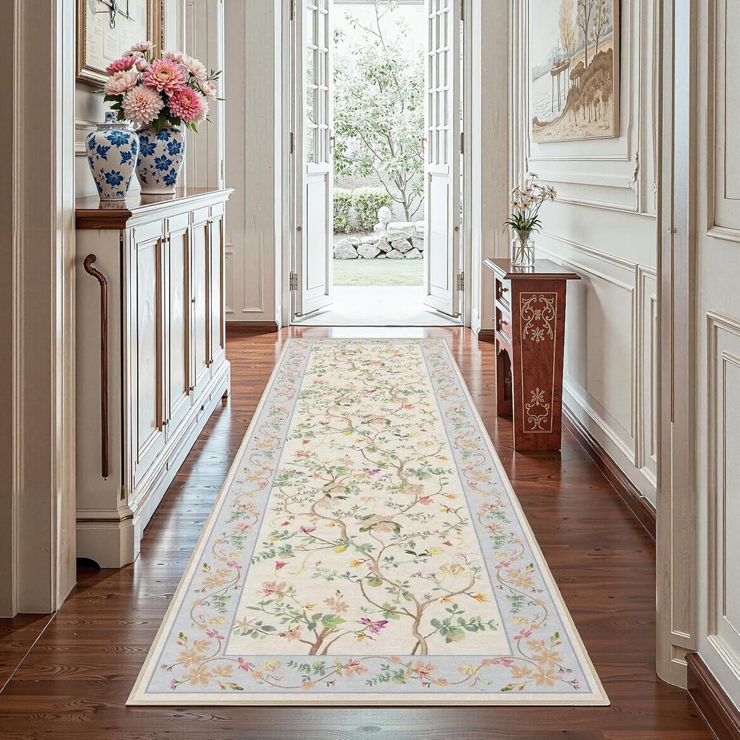 jinchan Floraison Floral Runners for Hallways 3x8 Soft Washable Runner Rug Non Slip Indoor Low Pile Chinoiserie Neutral Botanical Long Mat for Entryway Bedroom Kitchen Laundry Beige/Blue
