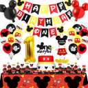1st Mouse Birthday Party Decorations - Boy One First Party Supplies Includes Happy Birthday Banner, Door Sign, Tablecloth,Cake Cupcake Toppers,Number 1 Balloons, Latex Balloons