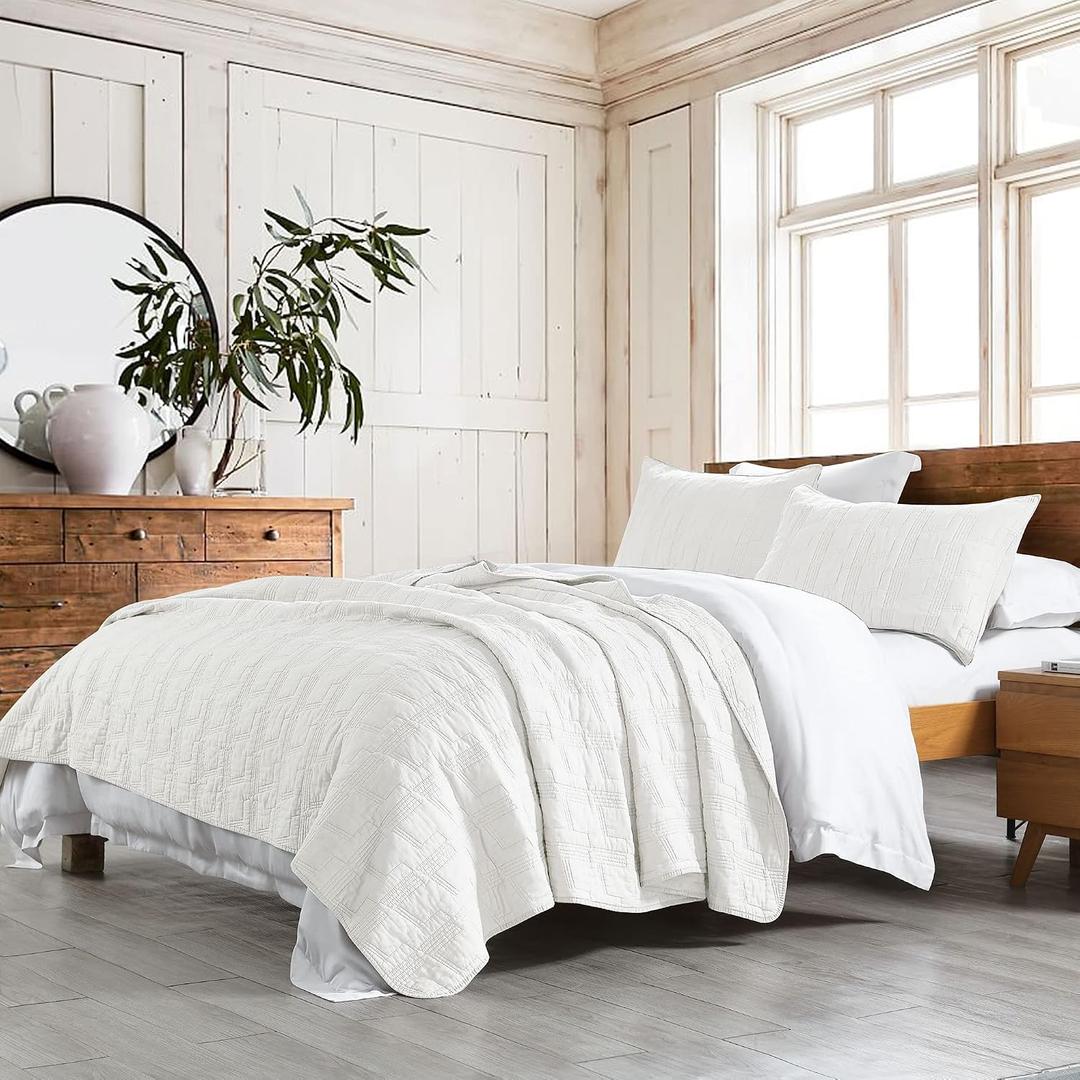 HORIMOTE HOME 100% Cotton Quilt Set King Size, White Pre-Washed 3-Piece Bedspread Coverlet Set, Cozy Lightweight Stitching Decorative Bedding Cover with 2 Shams in Geometric Pattern for All Season