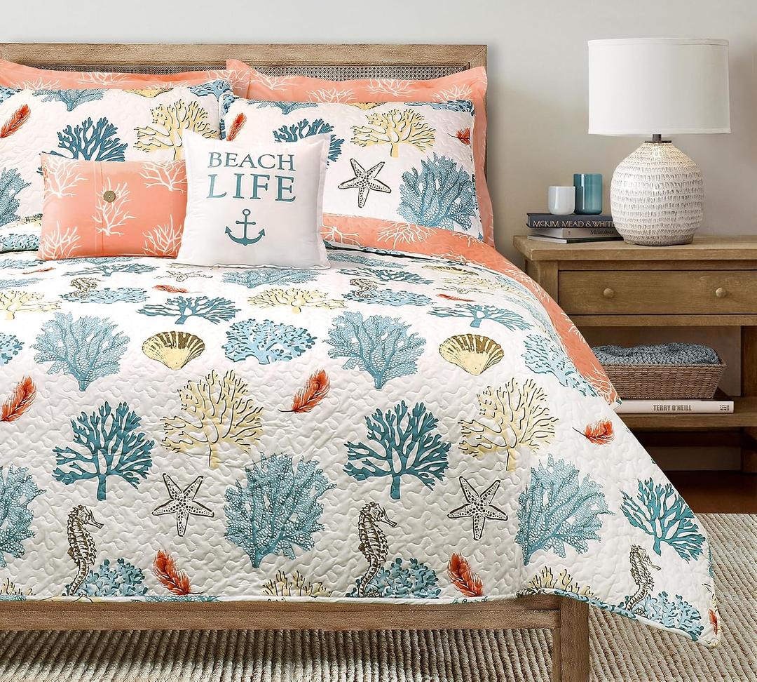Lush Decor Coastal Reef Feather Reversible Quilt Set, 7 Piece Set Full/ Queen Blue & Coral - Queen Bedding Set Quilted - Coastal Decor - Beach House - Beachy Room