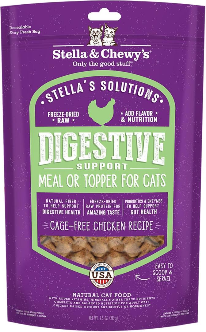 Stella & Chewy's Stellas Solutions Digestive Boost Cage-Free Chicken Dinner Mixer Freeze-Dried Raw, Protein Rich, Grain Free Cat Food 7.5 oz Bag (7.5 Ounce (Pack of 1))