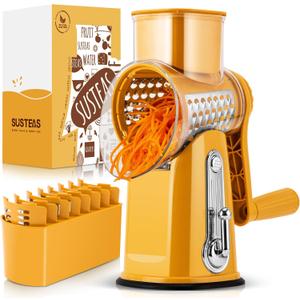 SUSTEAS Rotary Cheese Grater with Handle - Vegetable Shredder with 5 Well-designed Blades & Strong Suction Base,Round Mandoline Slicer & Food Chopper for Kitchen,with Blade Storage Box(Yellow)