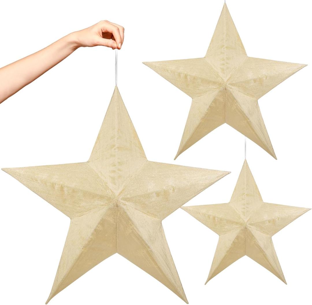 Christmas Large Hanging Ornaments, 3Pcs Velvet Star Ornaments for Indoor Outdoor Yard Ceiling Hanging Ornaments Holiday Classroom Hanging Decorations for Xmas Tree Porch Yard Decor Champagne