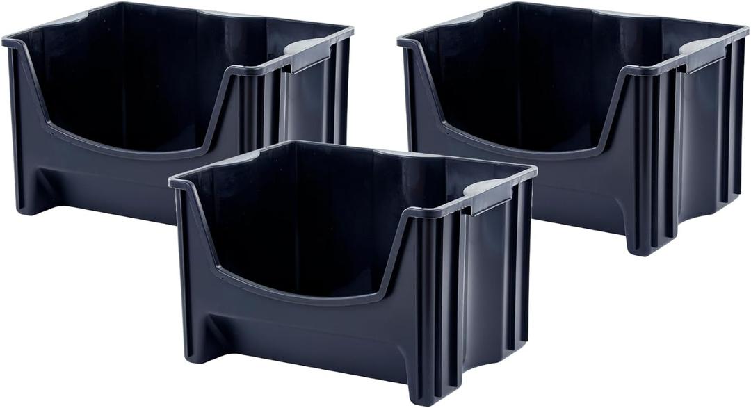 Mighty Tuff Jumbo Stackable Storage Bins, Pack of 3, Easy-Access Storage, Large Easy-To-Grip Handles, Wide Front Opening, Interlocking, Stack Vertically, Black