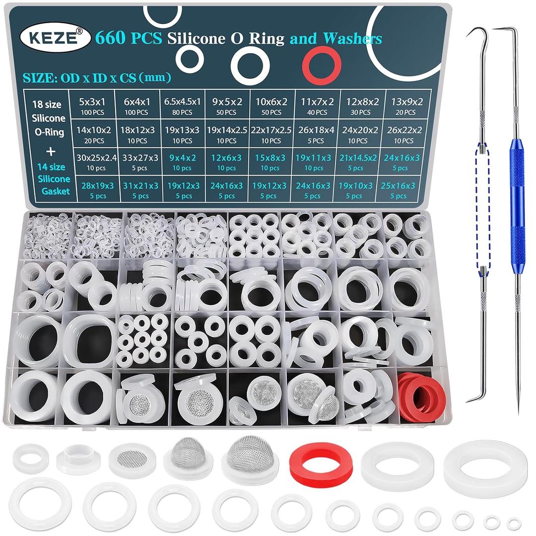 KEZE 660 PCS 18 Size Clear Food Grade Silicone O Ring Assortment Kit and 14 Size Silicone Washer Set,Silicone O ring for Seal Plumbing Faucet Hose