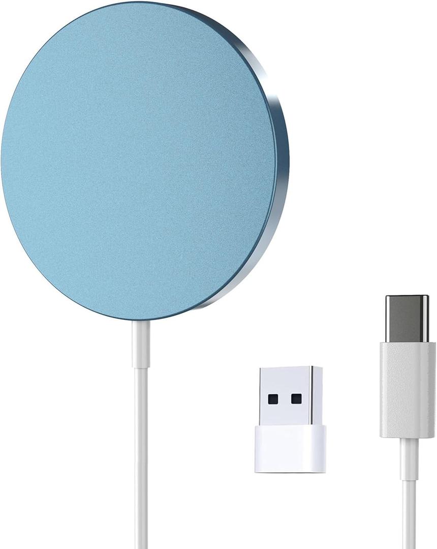 for MagSafe Charger 15W Magnetic Wireless Charging Pad for iPhone 17 16 15 14 13 12 Air Pro Max Plus mini/AirPods 2 3 Pro, Slim Portable Strong Magnet Quick Charger, USB-C/A Ports, Blue