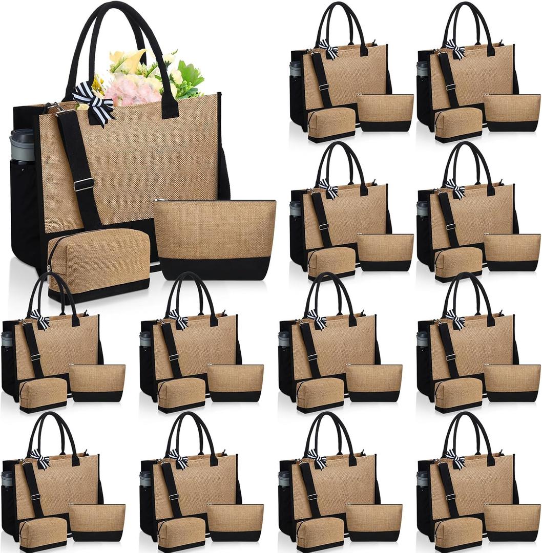 Paterr 36 Pcs Burlap Tote Bags Bulk Jute Tote Bag and Cosmetic Bag Set Burlap Gift for Women Beach Bridesmaid Shopping Travel DIY (Brown)