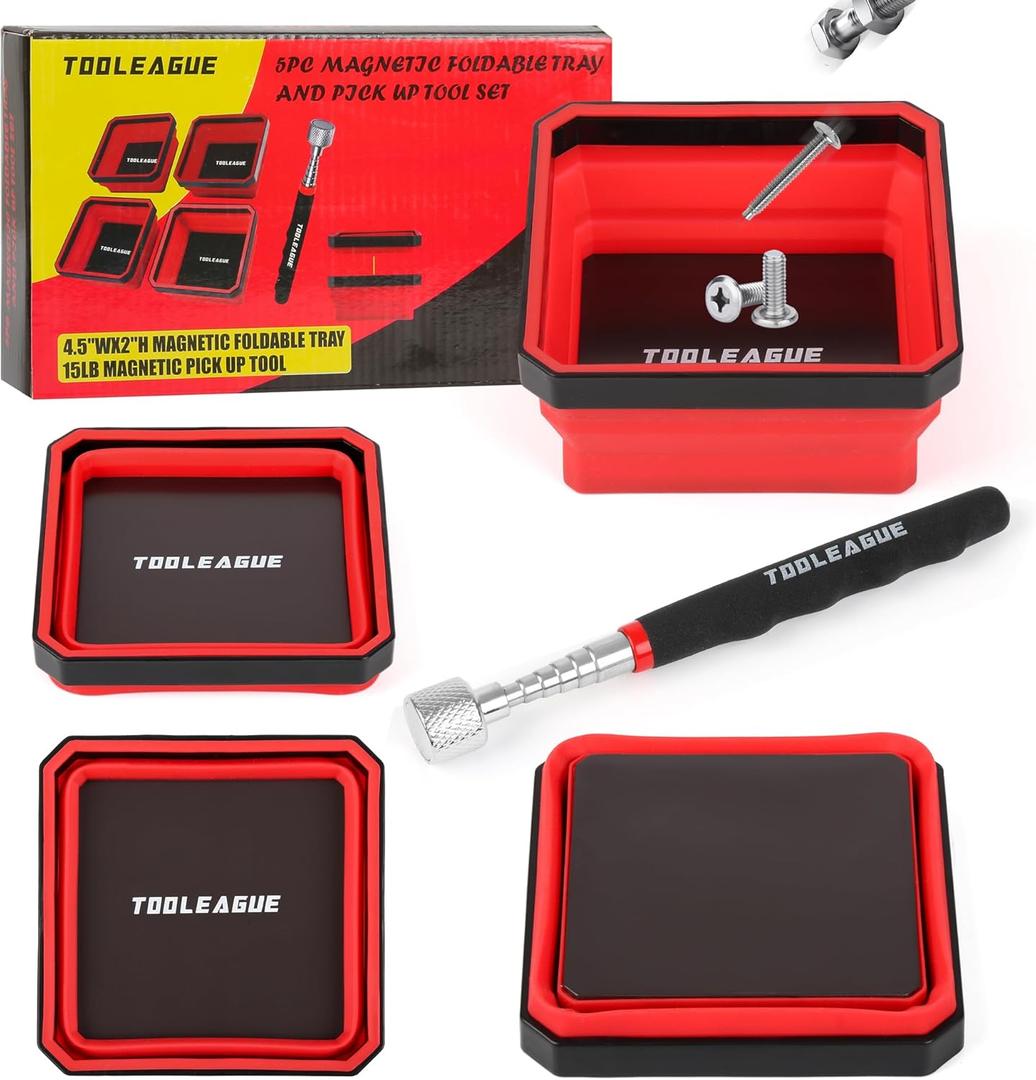 TOOLEAGUE 4Pcs Collapsible Magnetic Parts Tray Set with 15Lb Magnetic Pickup Pen,4.5" Square Silicone Foldable Tool for Organizing Screw Bolts Nuts Washers Pins and Other Small Metal Parts