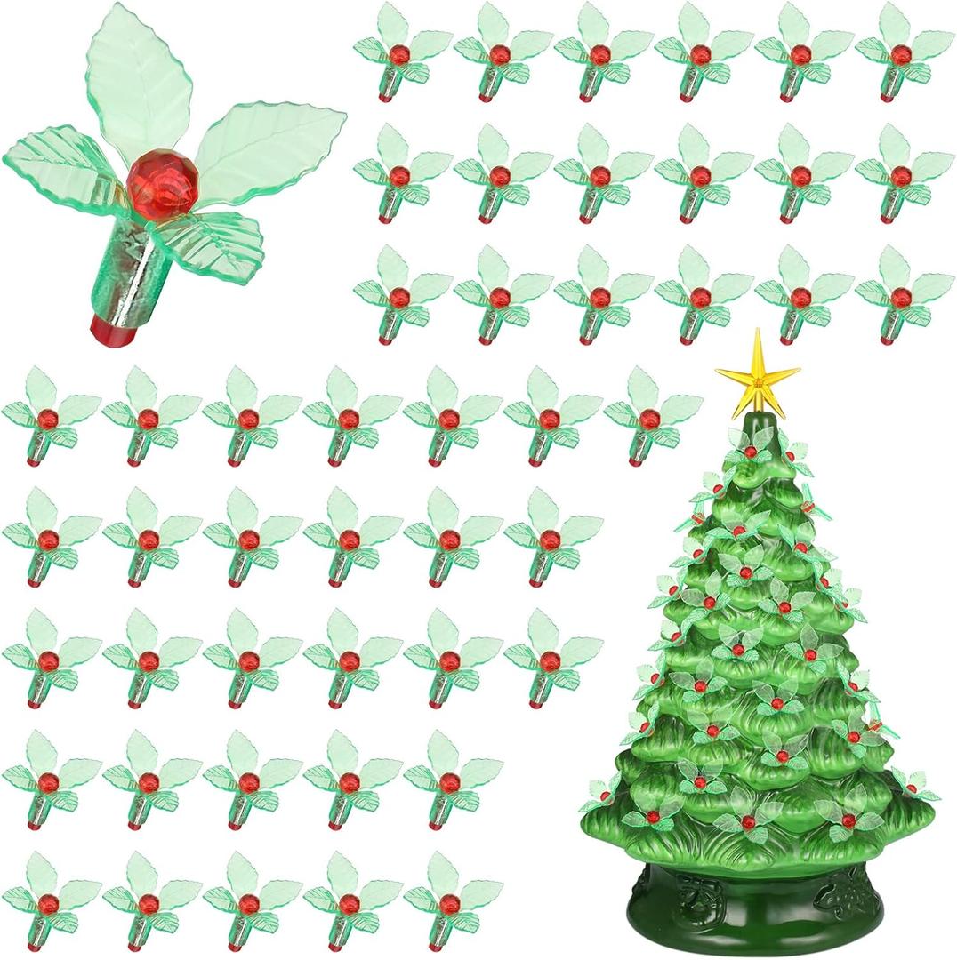 Jutom 100 Pcs Ceramic Christmas Tree Replacement Lights Plastic Vintage Green and Red Holly Ceramic Christmas Tree Lights for Halloween Christmas Ornament